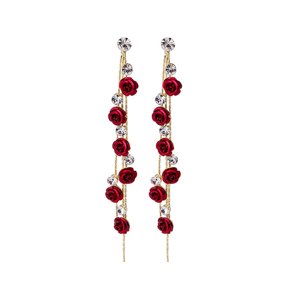 TOFBS Pendientes Mujer Rosa Roja Flor Cuelgan Los de La Cadena Cubic Zirconia Largos Pendientes Elegante Statement Gota Stud 925 Plata Pendientes De La Boda Mujeres Niñas