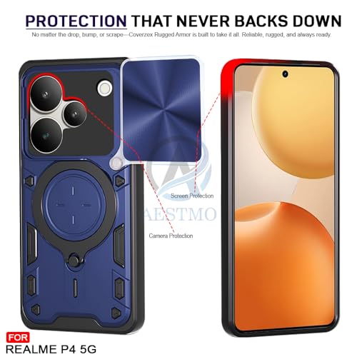 Image of AESTMO Tough Armor Realme P4 5G Bumper Back Case Cover | Ring Holder & Sliding Camera Shield Cover | 360 Degree Protection Back Case Cover for Realme P4 5G (D20 Blue)