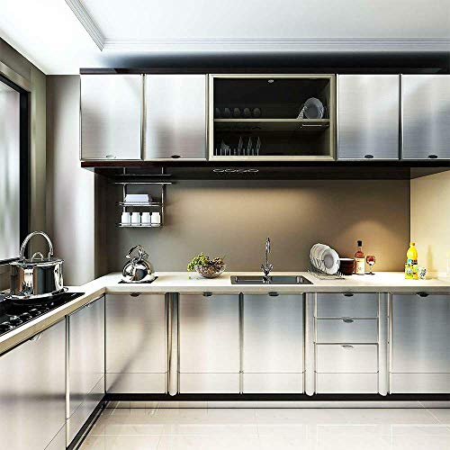 Silver Stainless Steel Contact Paper Self Adhesive 17.7”X393.7” Silver Metal Look Wallpaper Waterproof Peel And Stick Wallpaper Vinyl Film Metallic Gloss For Kitchen Cabinet Refrigerator Dishwasher #TOP1