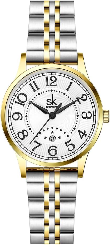 SHENGKE SK Business Classic Women Watch with Genuine Leather Stainless Steel Band ElegantLadies Watch… (Roman-Steel)