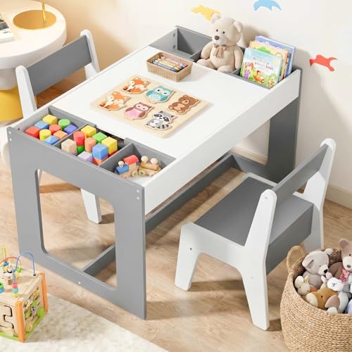 Mesa y Silla Infantil con Espacio de Almacenamiento, Mesa Infantil con 2 Sillas, Mesa Infantil con Sillas con Tablero Reversible, para Colegio, Guardería, para + 3 Años, Habitación Infantil (Gris)