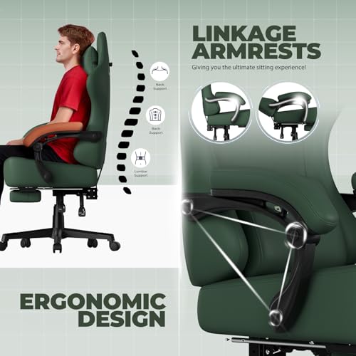 Image of GTPLAYER Gaming Chair with Pocket Spring Cushion, Big and Tall Gamings Chairs 350LBS High Back Computer Chair with Footrest for Adults Lumbar Support Swivel Game Chair for Office, Leather Green