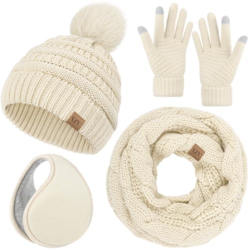 VZV 4-in-1 Winter-Set für Damen, Bommelmütze, Touchscreen-Handschuhe, Strickschal, Fleece-Ohrenschützer (Beige, Einheitsgröße)