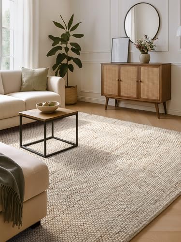 Villeroy & Boch Bouclé Teppich Peas - Handgemacht & Natürlich Wollteppich Juteteppich für Wohnzimmer Schlafzimmer Esszimmer Naturfaser Wohnzimmerteppich Skandi Boho - Creme Beige 200x300 cm