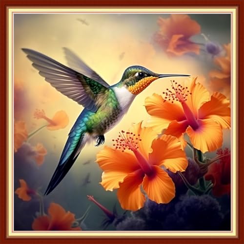 Image of Disxvivy Cross Stitch Stamped Full Embroidery Kits DIY 11CT Cotton Thread Printed DIY Needlepoint Kits Craft Needlework Set Cross-Stitch Stamped Sets-Hummingbirds Gather Honey 18x18 inch