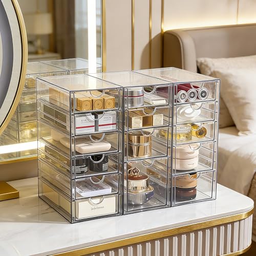 Image of Prsildan 15 Drawers Teacher Toolbox Acrylic Containers, Set of 3 | Clear, Pens Markers Stickers Hardware Storage, Office Desk Kitchen Cabinet Garage Organizer