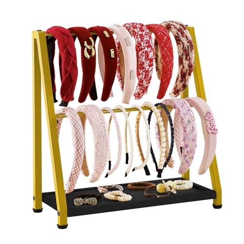 DGWJSU Headband Holder Organizer Metal 2-Tier Display Stand for Selling, Home Bedroom Headband Storage for Girls Women, Headband Stand Wood Base Can Store Hair Ties