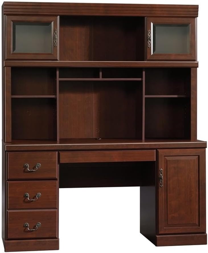 Pemberly Row Engineered Wood Desk with Hutch, Classic Cherry Finish, 59 in Wide, Adjustable Shelves, Glass Doors, Keyboard Drawer, File Storage, Home Office Furniture
