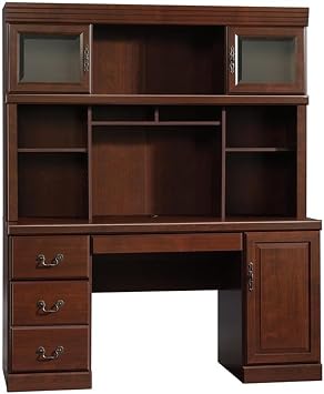 Pemberly Row Engineered Wood Desk with Hutch, Classic Cherry Finish, 59 in Wide, Adjustable Shelves, Glass Doors, Keyboard Drawer, File Storage, Home Office Furniture
