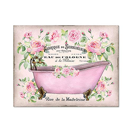 PHGFK FrançAis Vintage Shabby Chic Baignoire Toile Tableau Peinture Salle De Bains Murale Art Abeille Rose RéTro Affiche Fleur Tableaux Salle De Bains Decoration à La Maison 40x60 Cm sans Cadre