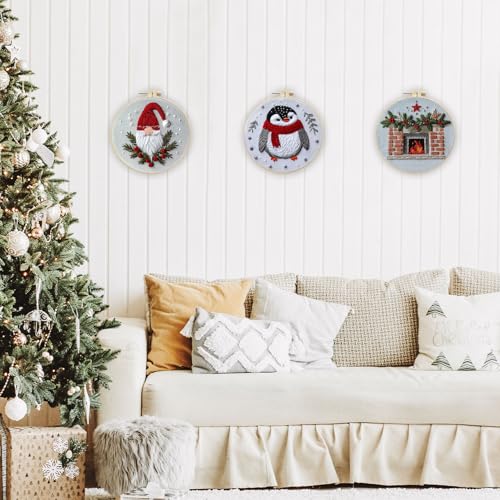 Image of EOBTAIN 3 Pcs Funny Christmas Embroidery Kit for Beginners,Red Gnome and Penguin Embroidery Starter Kit Winter Xmas Fireplace Stamped Patterns with Hoop,Thread,Needles,Hand DIY Craft Kits for Adults