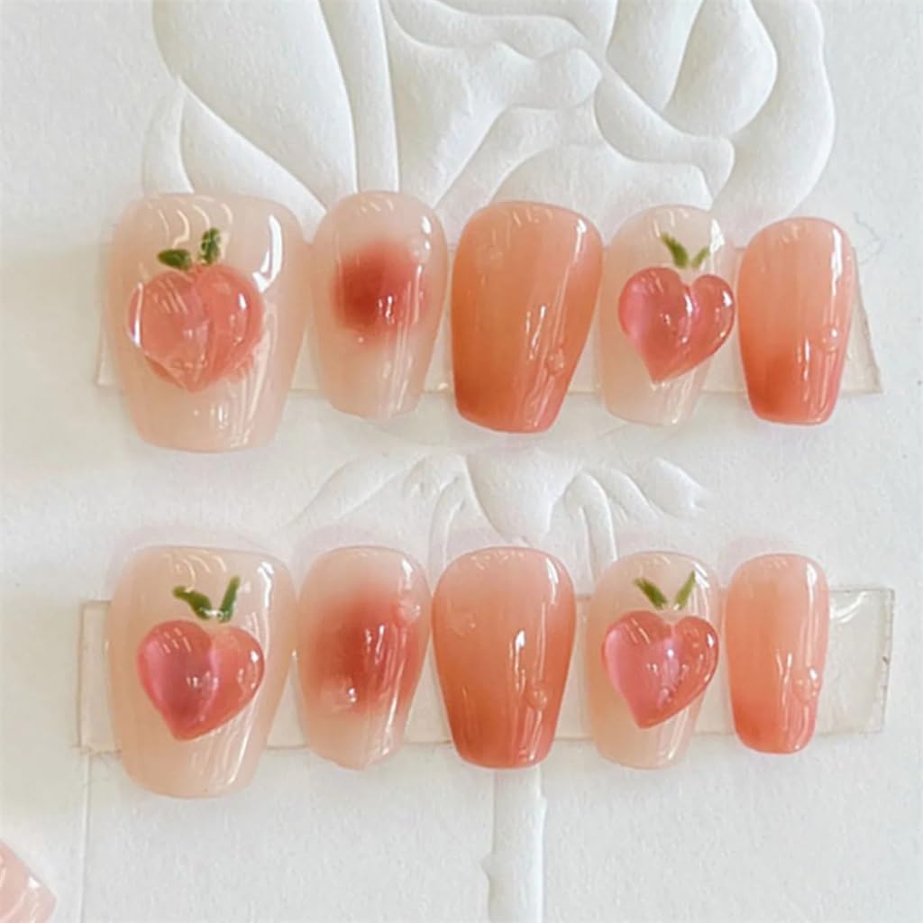 Handmade Gradient Hair Colour Ballet False Nail 3D Heart Peach Decoration Finished Short Art Piece