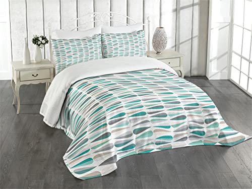 Lunarable Retro Bedspread, Mid Century Modern Inspired Horizontal Drop Like Forms In Vintage Colors, Decorative Quilted 3 Piece Coverlet Set With 2 Pillow Shams, King Size, White Multicolor #TOP4