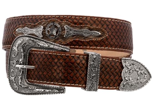 El Presidente Mens Cognac Ranger Cowboy Leather Belt Concho Silver Buckle4
