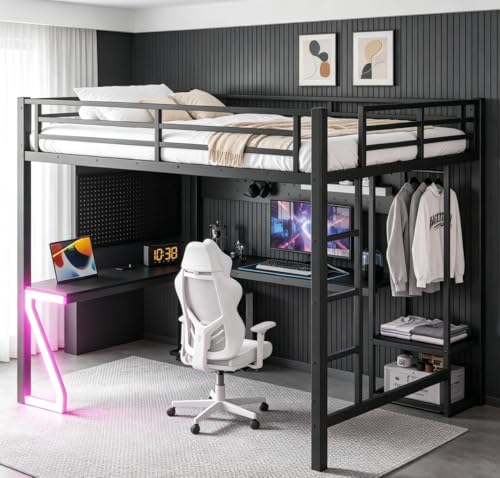 Image of Bellemave Queen Size Loft Bed with Desk and USB Ports, Computer Tray, Peg Board LED, Metal Full Loft Bed Frame for Adults, Kids, Teens, Black