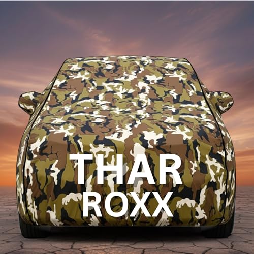 Image of Premium Jungle Series 100% Waterproof Car Body Cover for Thar Roxx Cover (All Models) with Mirror Pockets | Triple Stitched, Elastic, Custom Fit, Heat Resistant, Anti-Dust, All-Weather Cover