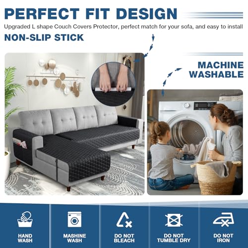 Image of TAOCOCO Sectional Couch Covers 100% Waterproof L Shaped Sofa Covers for Left Hand Facing Chaise Lounge, 2 Pieces Couch Cover L Shape Furniture Protector Slipcover for Pets Kids, Large /Black