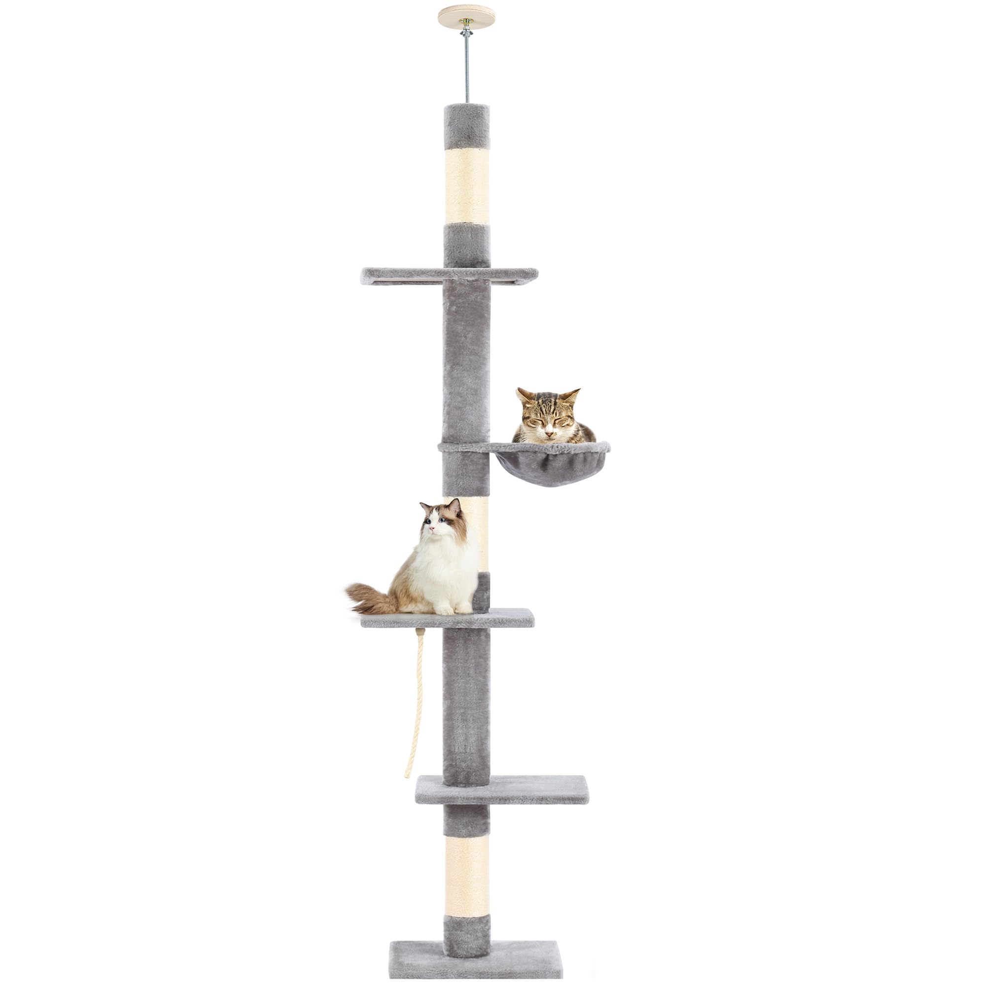 Cat Tree 5-Tier Floor to Ceiling Cat Tower with Cozy Hammock, Cat Climbing Tree for Indoor Cats, 89-109 Inch Adjustable Height Sisal Cat Scratching Post for Cats to Jump and Climb, Gery