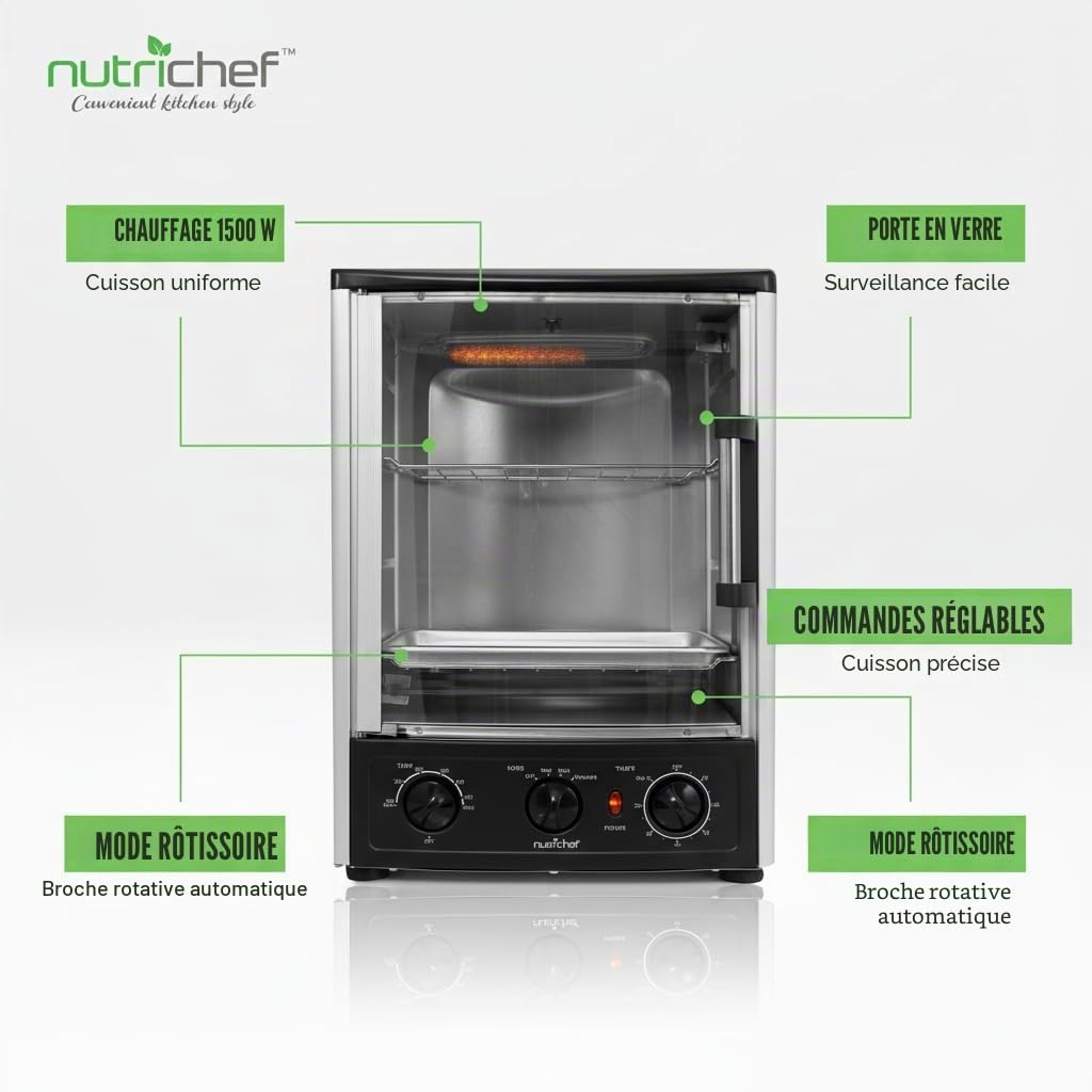 NutriChef Four Rotissoire 24QT, 22L – Mini Four de Comptoir à Convection avec Grill, Minuteur, Thermostat Réglable, Porte Vitrée, Cuisson Uniforme, Rôtissoire Verticale Incluse