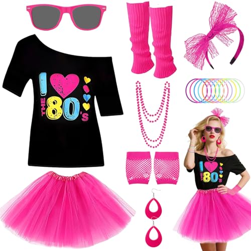 Ensemble d'accessoires de costume des années 80 pour femme avec t-shirt, jupe tutu, bandeau,...