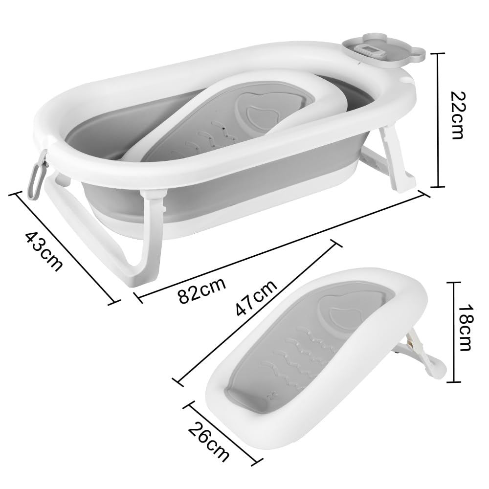 MUL-BOUTIQU - Bañera grande para bebé plegable con asiento de baño, termómetro y cojín – Bañera de bebé en pie – ideal para regalo de nacimiento niña o niño (oso gris)