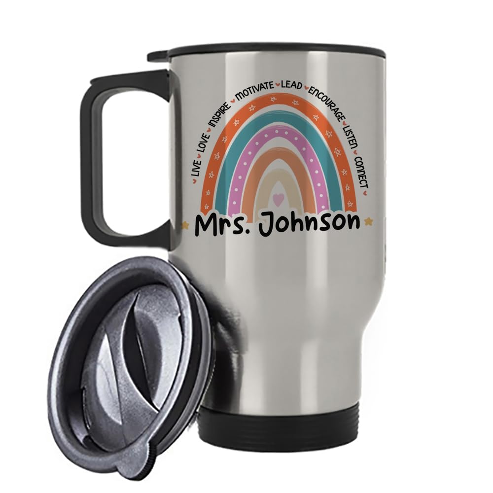 Getagift Personalised Teachers Mug, Rainbow Mug Gift Silver/White Insulated 14oz Travel Tea/Coffee Mug. (Silver)