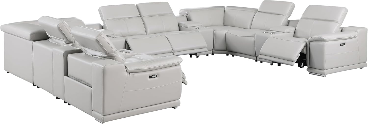 Blackjack Furniture Venice 12-Piece Top Grain Italian Leather Sectional Reclining Sofa Set with 4 Power Recliners, Adjustable Headrests, USB, Wireless Phone Charger &amp; Console Storage, Light Grey