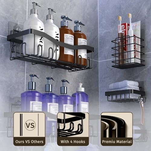 Image of Self Adhesive Bathroom Shelf Combo Pack of 5 | No Drill Rust Proof Metal Bathroom Organizer Set | Wall Mounted Storage Shelves with Soap & Toothbrush Holder | Multipurpose Rack for Bathroom