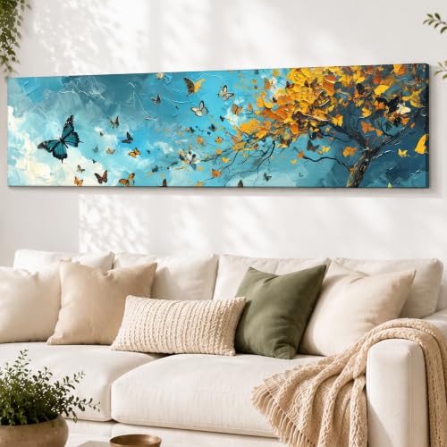 Image of Large Stretched Canvas Painting, Panel Wall Painting Blue and Yellow Butterfly Tree Luxury Paintings for Home Decoration, Living room, Bedroom and Office Decor (Blue, 12x46 Inch)