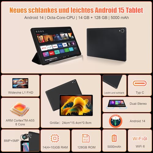 Yicty Android 14 Tablets 10 Zoll Tablet PC, 14(4+10) GB RAM+128GB ROM(1TB TF), Octa Core 2.0 GHz/1280 * 800 HD IPS/WiFi 6/BT 5.3/5000mAh/5MP+8MP/OTG/Typ C Kopfhöreranschluss,Tablet mit Tastatur