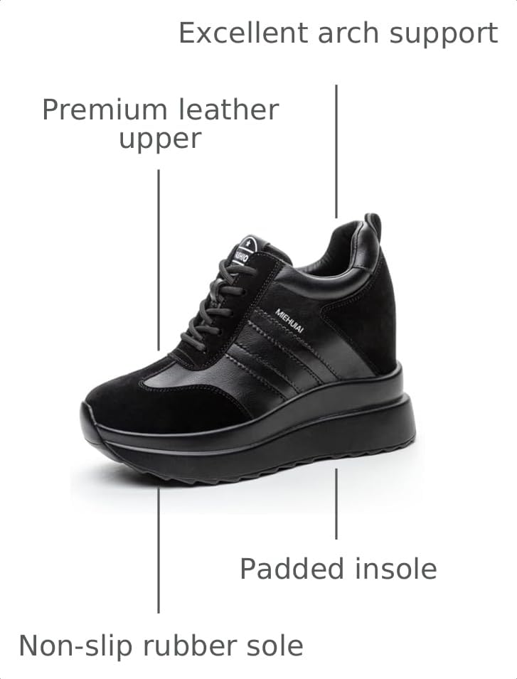 Image of Platform Sneakers for Women High Hidden Heel Wedge Sneakers Fashion Leather Chunky Lace up Wedge Tennis Shoes Increasing 3.94 inch