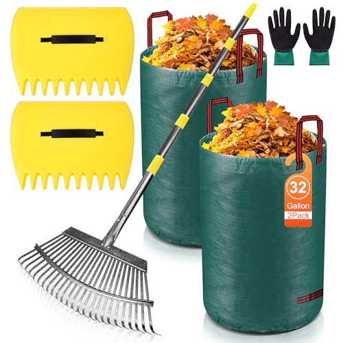 Adjustable Garden Leaf Rake Set, 18' Wide, 25 Tines, 37-79' Handle Metal Leaf Rake with 2 Pack 32 Gallons Leaf Bags and Scoops. Heavy Duty Graden Rakes Set for Lawn, Grass, Shrubs, Flower Beds