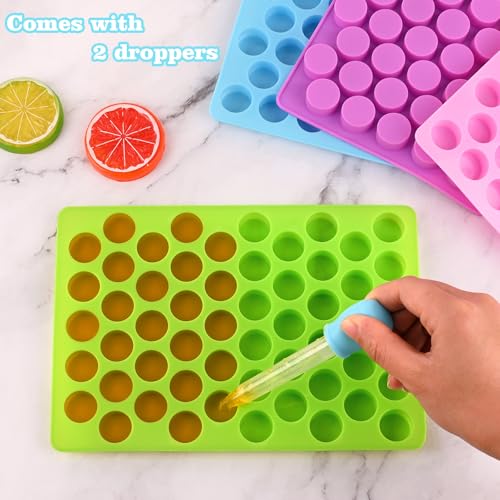 Image of Sakolla Round Candy Molds Silicone, 220 Cavities Mini Cylinder Molds for Chocolate, Hard Candy, Gummy, Ganache, Ice Cubes, Set of 4 with 2 Droppers