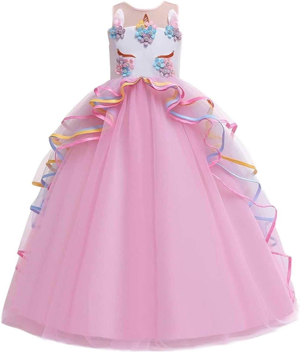 Girls Unicorn Rainbow Princess Birthday Party Carnival Cosplay Dress Up Costume Long Maxi Tulle Evening Gown