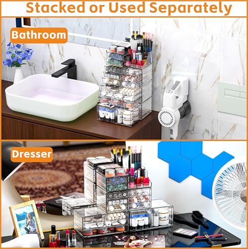 Cq-acrylic-Make-Up-Organizers-for-Vanity-With-14-Drawers-4-Pack-Clear-Drawer-OrganizersPlastic-Cute-Desk-Accessories-Organization-and-Bathroom-Organizers-Storage-Case-Box-Cube-for-BeautySkin-Care