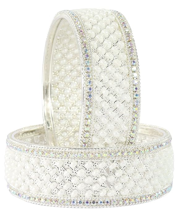 Traditional Metal with White Moti Pearls Designer Kada Bangles Set For Women - Set of 2 by The Great Indian Store - Main Image