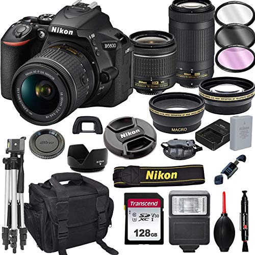 Nikon D5600 DSLR Camera with 18-55mm VR and 70-300mm Lenses + 128GB Card, Tripod, Flash, and More (20pc Bundle) (Renewed)