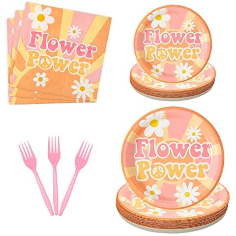 A1DIEE 96Pcs Groovy Paper Tableware Set Disposable Plates Cutlery Dinnerware Kits Pink Forks Daisy Napkins Dessert Plates for Party Supplies Decoration Birthday Camping Picnic Dinner, 24 Guests Cover