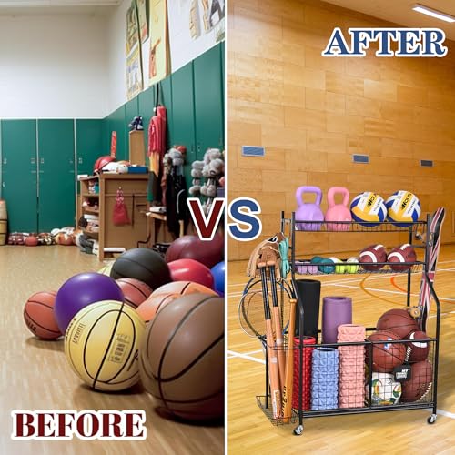 Mythinglogic Sports Equipment Garage Organizer,Garage Ball Storage for Sports Gear and Toys, Rolling Ball Cart with Wheels for Indoor/Outdoor Use