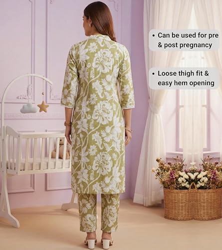 Image of DUMMY SHAPE Maternity Dresses for Women Cotton | Floral Kurta Pant Dupatta Set with Nursing Zippers, Side Pocket | Pre & Post Pregnancy | Feeding Kurti Suit | Baby Shower | Gifts for Pregnant Woman