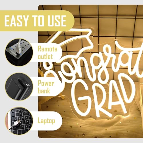Image of Congrats Grad Neon Sign Graduation Cap Neon Led Sign Dimmable Congrats Neon Sign for Wall Decor Graduation Party Neon Light Sign for Class Room Party Room Dorm Backdrop Celebration Gifts