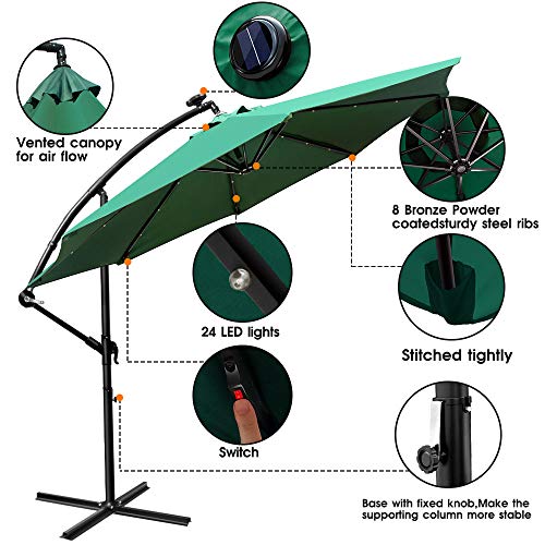 Topmart 9Ft Patio Umbrella with 24 Solar LED Lights and Cross Base,Outdoor Cantilever Offset Umbrella with Crank,8 Rids,for Backyard,Poolside,Lawn and Garden,Color Green