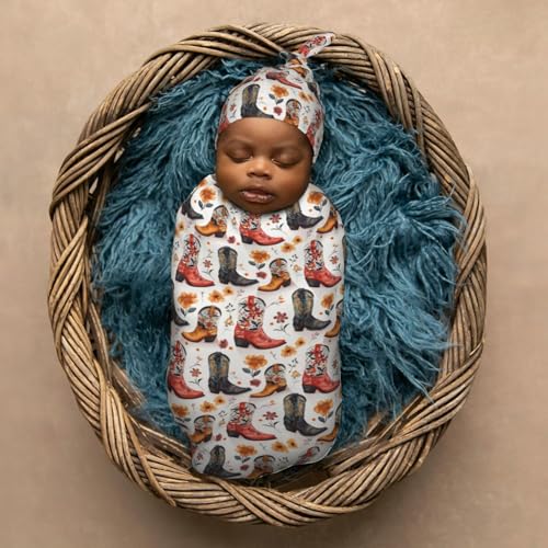 Image of Vintage Cowgirl Boot Newborn Swaddle Blankets Hat Sets Soft Baby Receiving Blanket Swaddle Sack for Baby Shower Infant Boy Girl Gift
