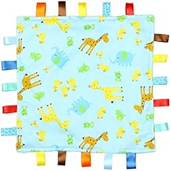 Edredon Aborregado Manta de Etiquetas para Bebés Azul - Manta de Etiquetas de Animales Azul con Jirafa, Elefante y Polluelo - Fondo con Relieve de Color Azul Claro