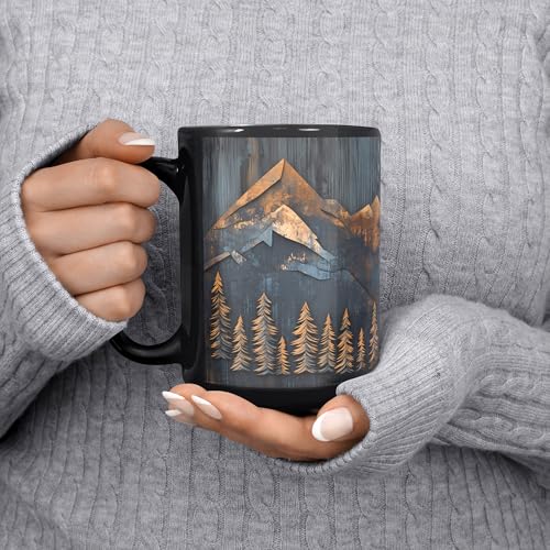 Taza de cerámica negra 15 oz diseño montaña y bosque miniatura 3