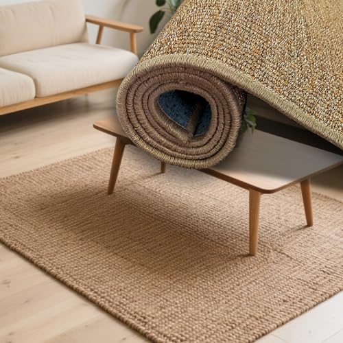 ラグ サイザル麻素材で分厚いテクスチャが汚れつきにくく 110cmx220cm 手織りの太い糸で丈夫・滑り止め バウンドエッジング 厚さ 7(mm) 44x88inchs お掃除簡単でキッチン食卓下にオールシーズン使用のライトナチュラル品