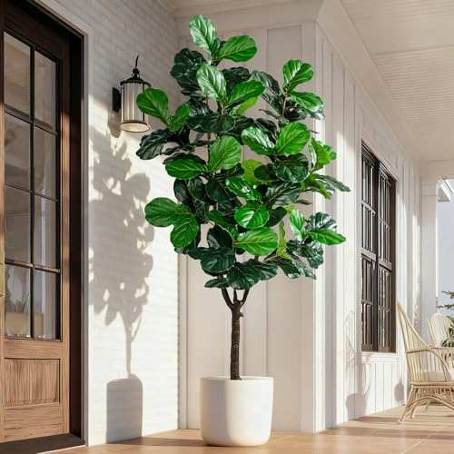 Image of Erimda Artificial Fiddle Leaf Fig Tree 7ft with White Planter Realistic Fiddle Leaf Lyrata Plant Tall Fake Tree with Natural-Looking Leaves Fake Tree for Indoor Outdoor Home Office Decor