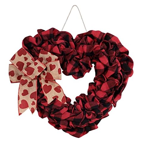 Valentine's Day Burlap Wreath, 18 Inch Buffalo Plaid Heart Shaped Door Wreath with Bow, Valentines Door Decor for Front Door Farmhouse Valentine's Day Decorations Party Supplies Cover