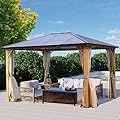 Aoodor 10 x 12 ft. Wooden Finish Coated Aluminum Frame Gazebo with Polycarbonate Roof, Outdoor Gazebos with Curtains and Nettings, for Patio Backyard Deck and Lawns