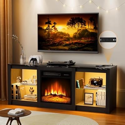 Zionheat 58'' TV Stand with 18'' Fireplace-LED Light Entertainment Center for 65 inch TV-Black TV Cabinet with Adjustable Glass Shelves, Modern TV Console for Living Room